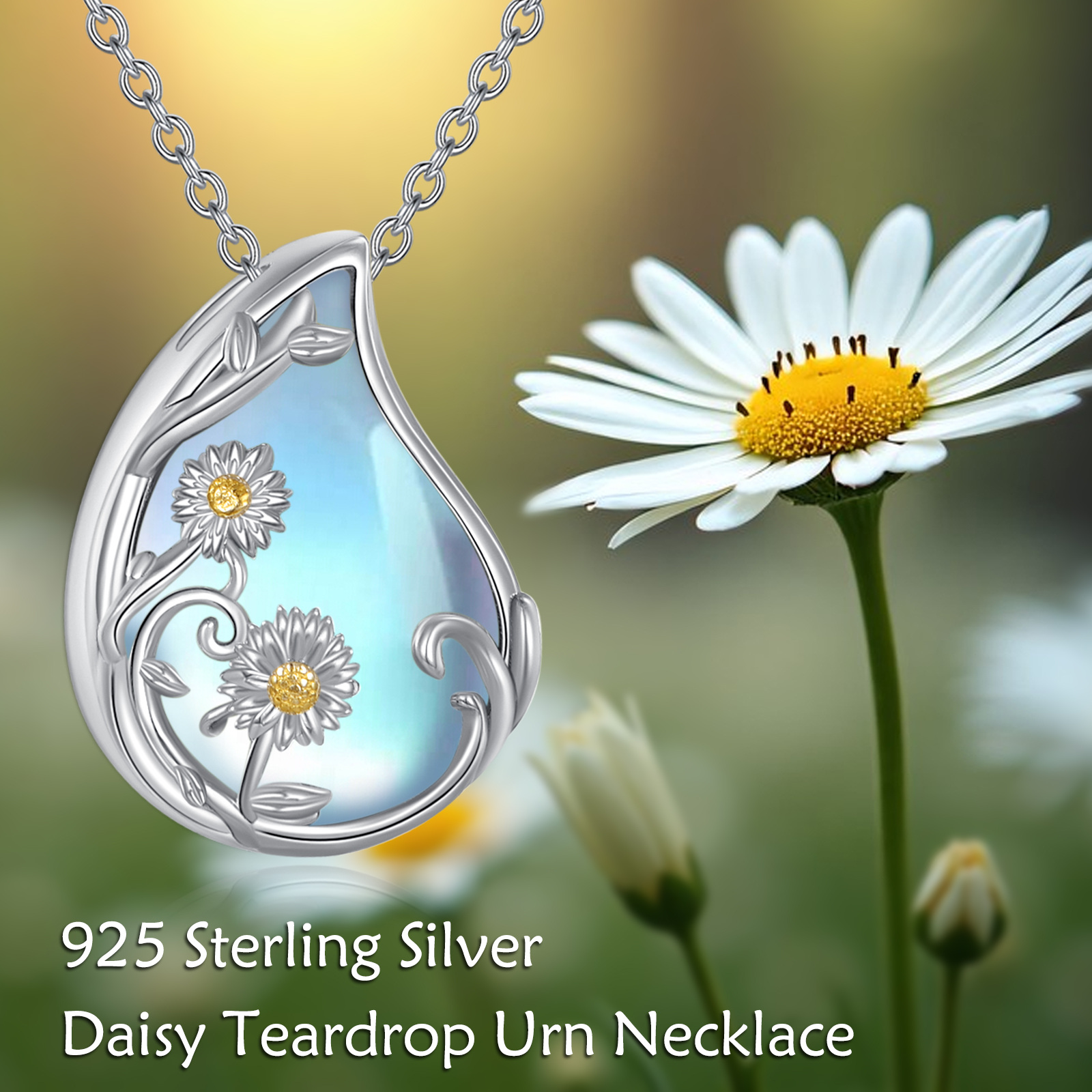 Women's 925 Sterling Silver Daisy Teardrop Urn Necklace